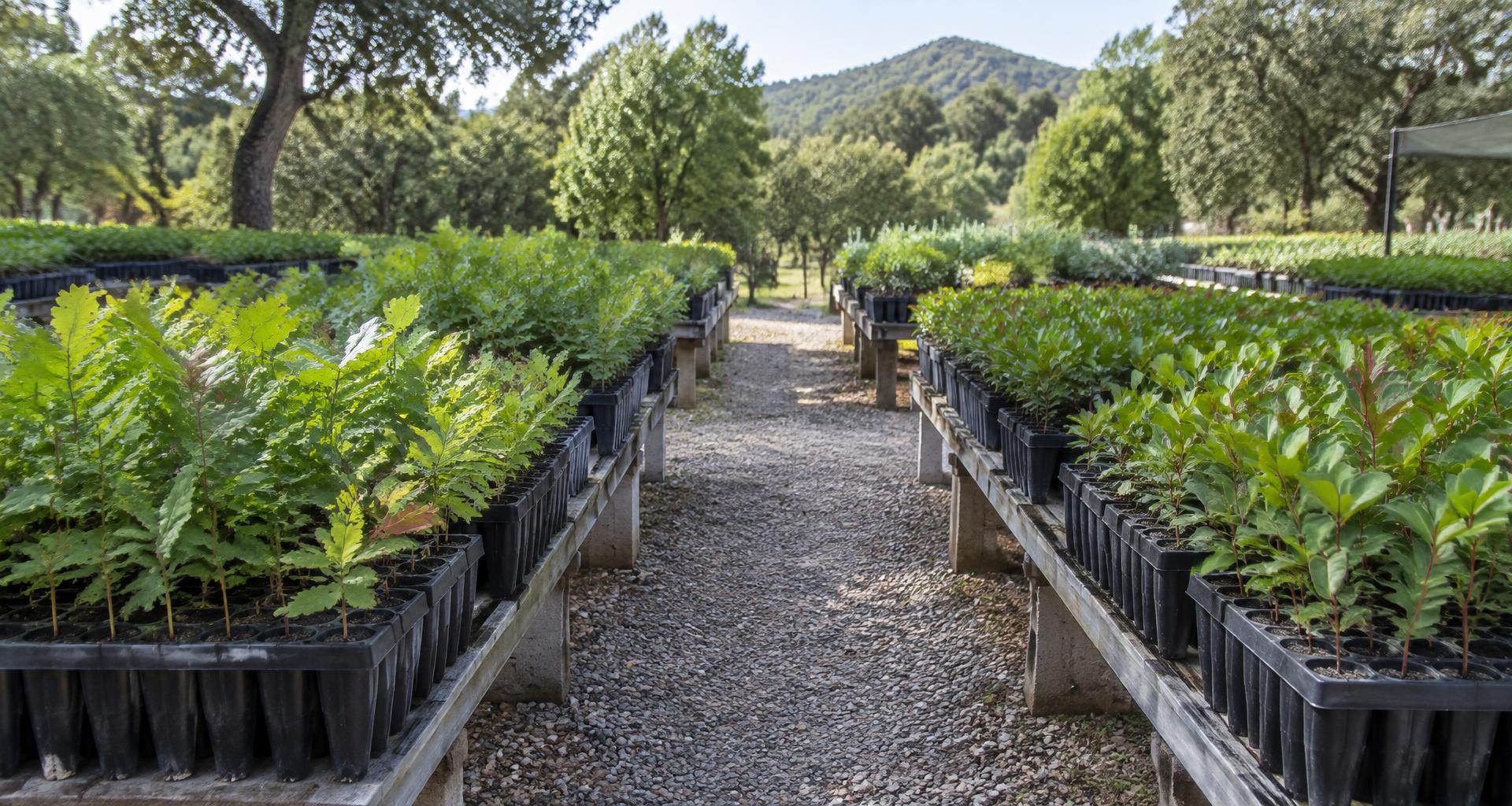 Imagem ilustrativa de plantas jovens em tabuleiros num viveiro florestal.